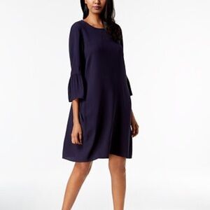 Eileen Fisher Navy 100% Silk 3/4 Sleeve Ruffle Dress Size XS